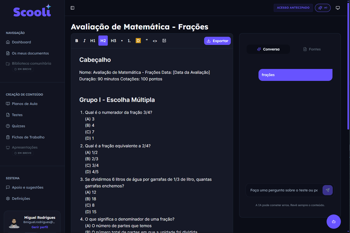 Editor real da Scooli com um teste a ser criado e ajustado