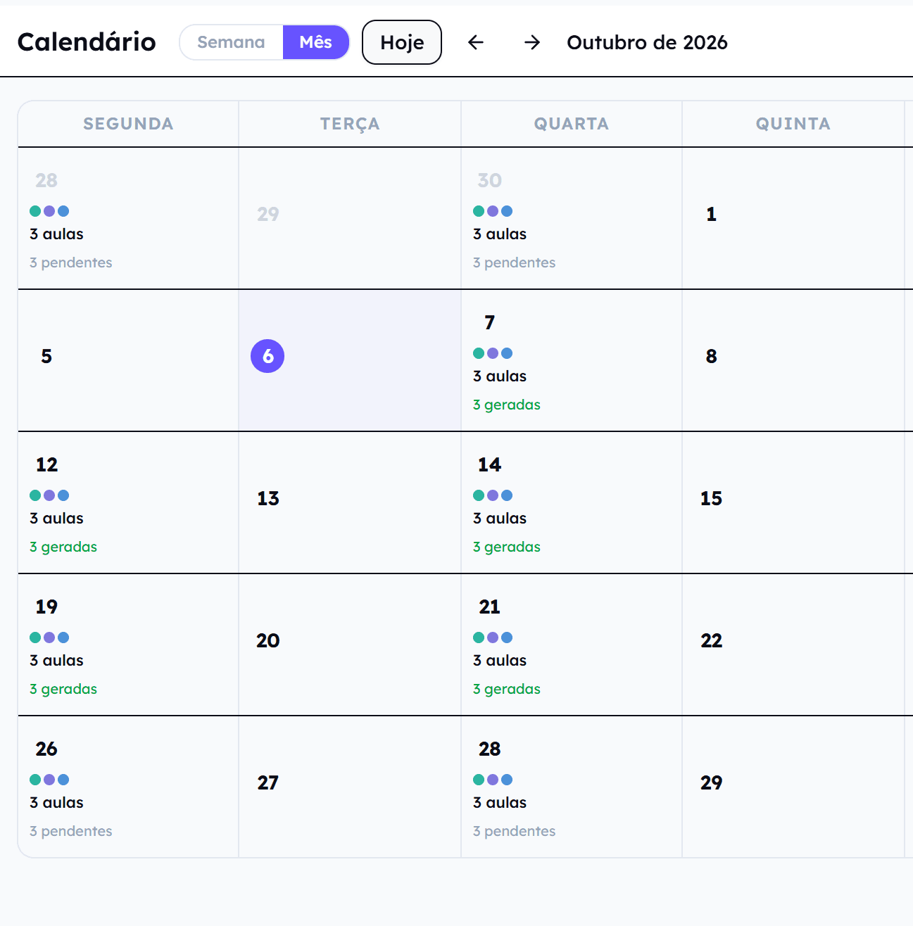 Calendário mensal da Scooli com as aulas de outubro de três turmas, já geradas ou por gerar