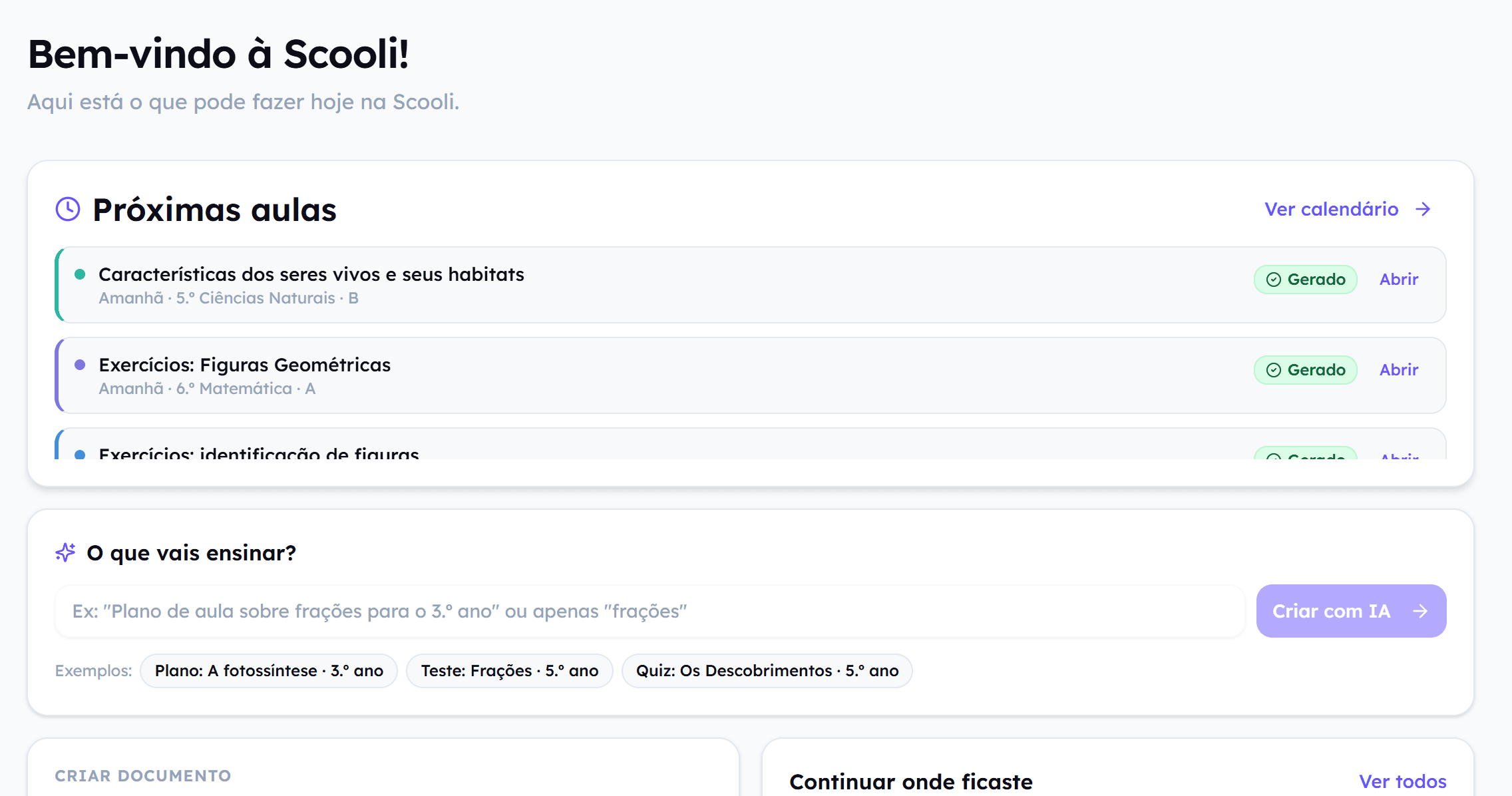 Painel da Scooli com as próximas aulas já geradas e o campo para pedir um novo recurso