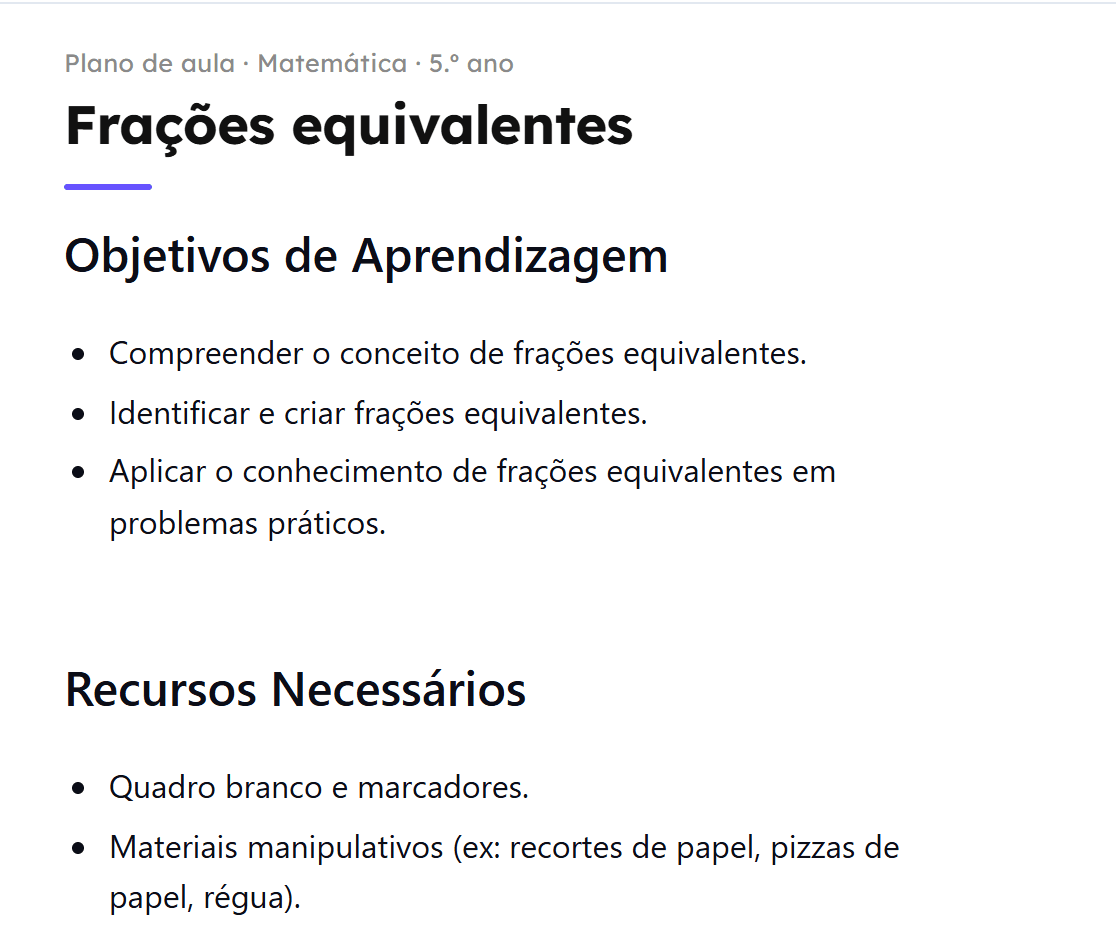 Plano de aula de Matemática do 5.º ano gerado pela Scooli