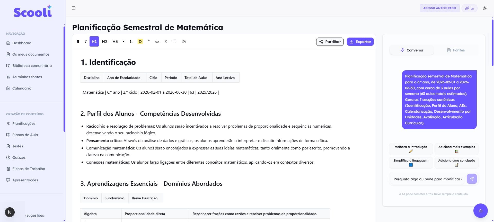 Editor de planificação da Scooli com estrutura de secções e painel de IA à direita