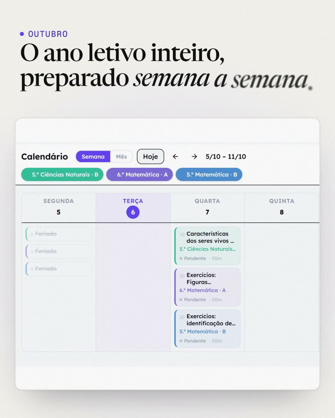 Demonstração: a semana de aulas no calendário da Scooli; um clique em «Gerar semana» prepara os planos de aula e um deles abre pronto a editar